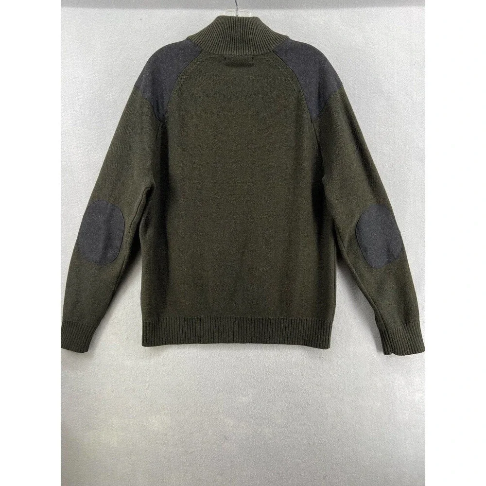 Banana Republic Sweater Men Sz Large Green Gray Wool Full‎ Zip Elbow Patch Cabin